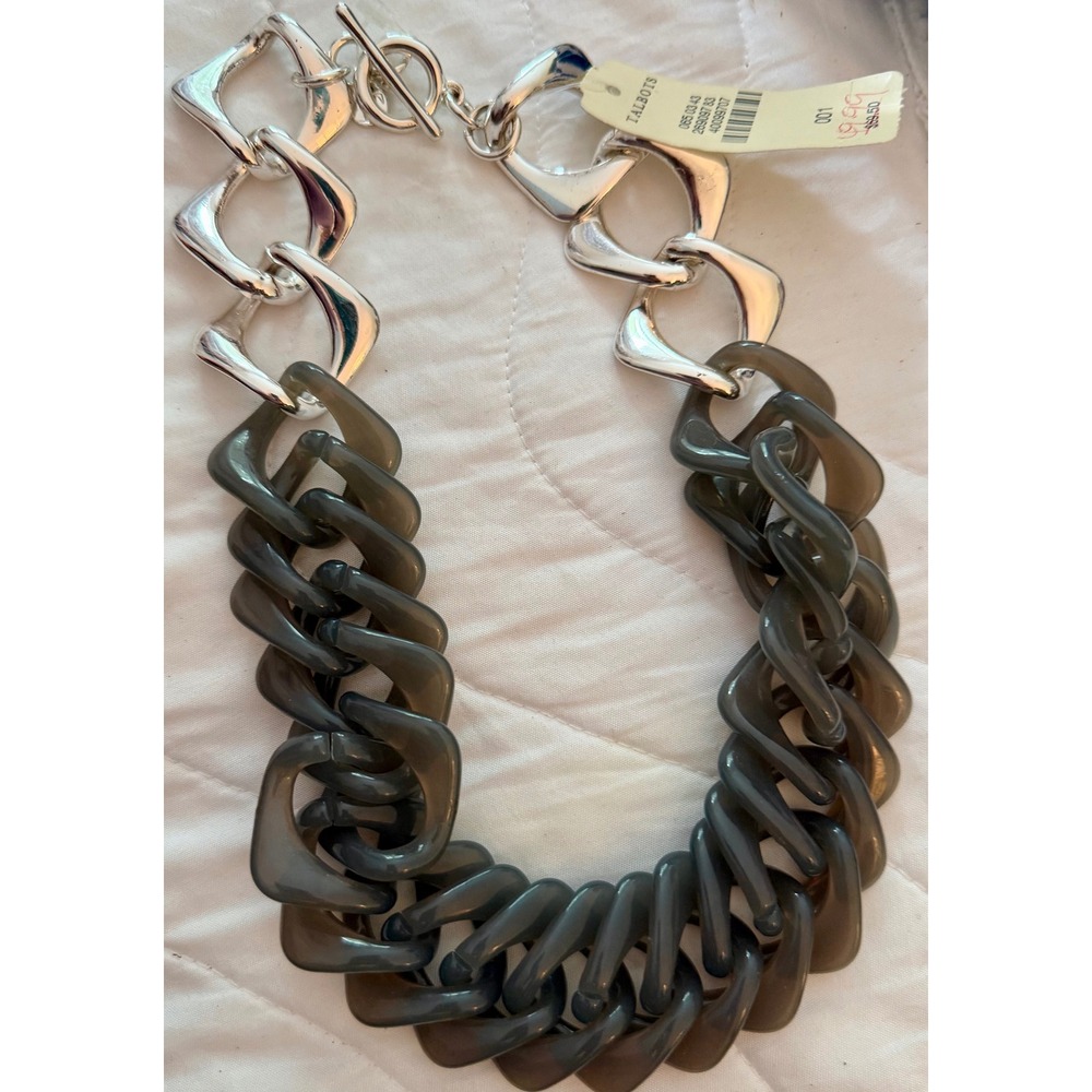 Talbots Chunky Link Necklace Silver Tone Smoke Gray Resin Statement Toggle New